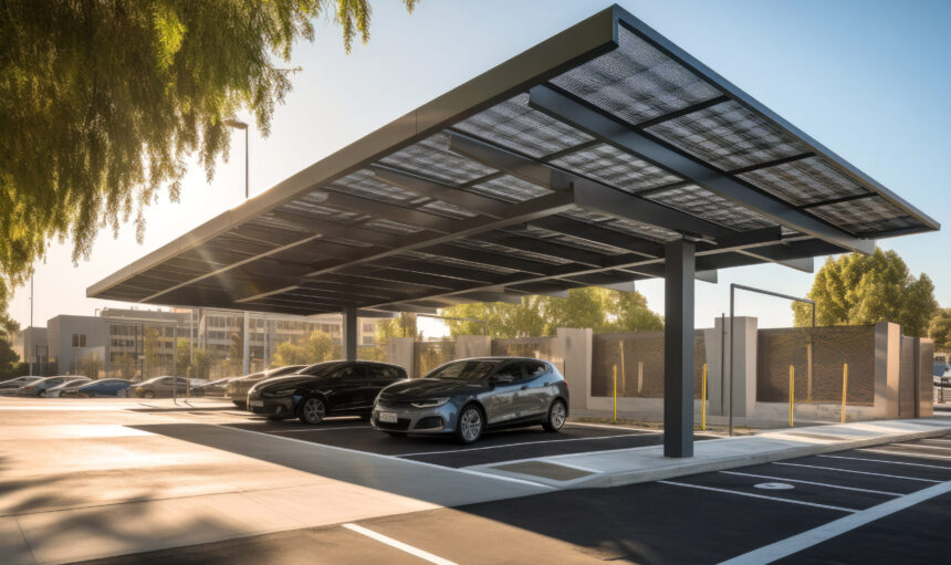 Modern solar carport for public vehicle parking site. Generative ai.
